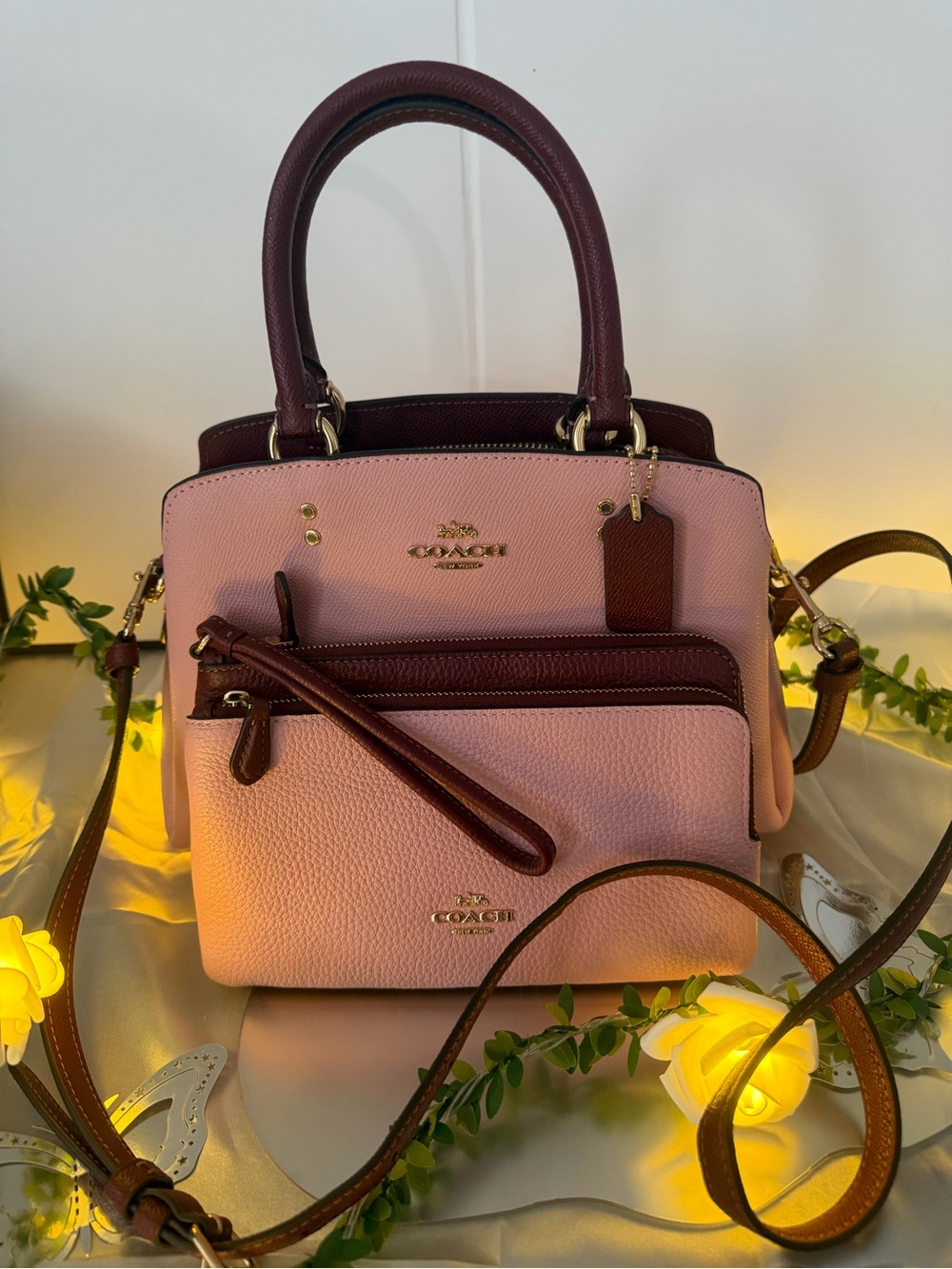 Coach Pink and Burgundy Leather Mini Satchel & Double Zip Wallet Set